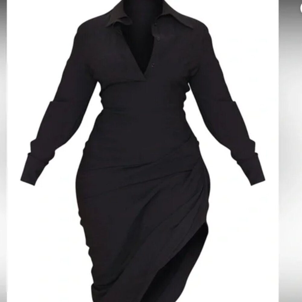PrettyLittleThing Black Textured Ruched Side Midi Shirt Dress Size 14 - NWT